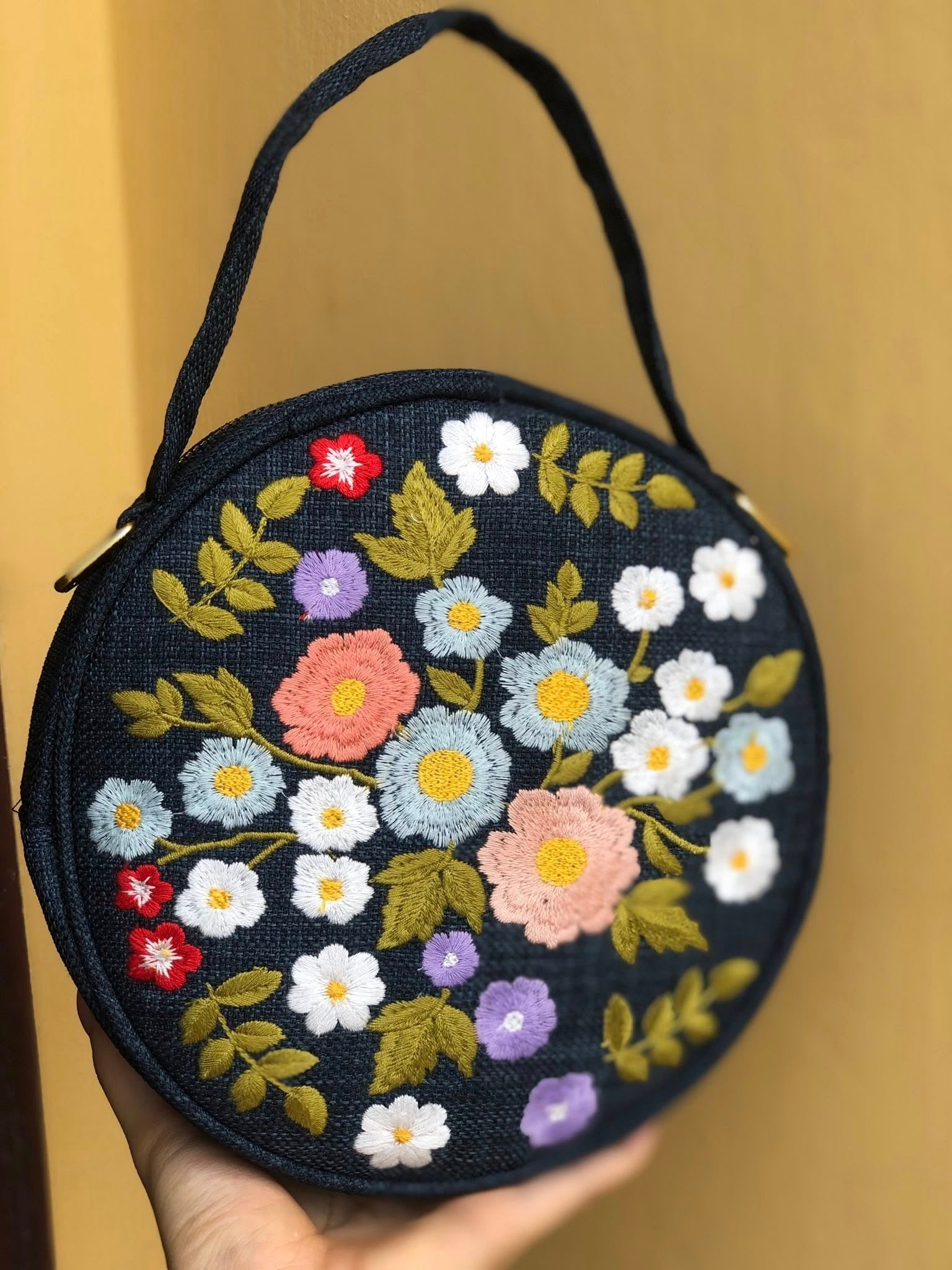 Round Floral Embroidered Bag, Handmade Boho Purse, Vintage Flower Handbag, Cottagecore Shoulder Bag, Gift for Her