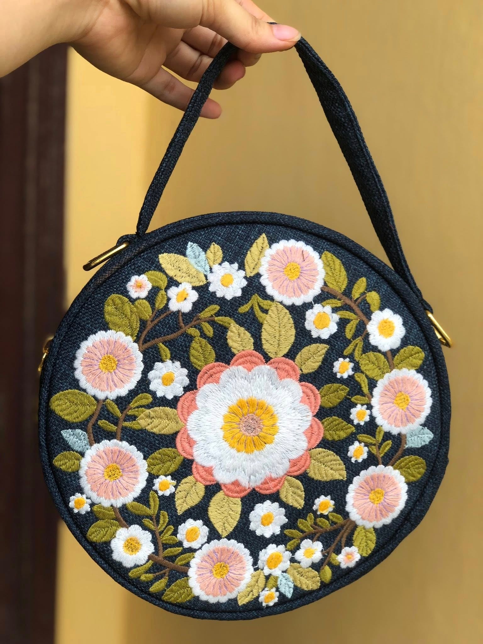 Round Floral Embroidered Bag, Handmade Boho Purse, Vintage Flower Handbag, Cottagecore Shoulder Bag, Gift for Her