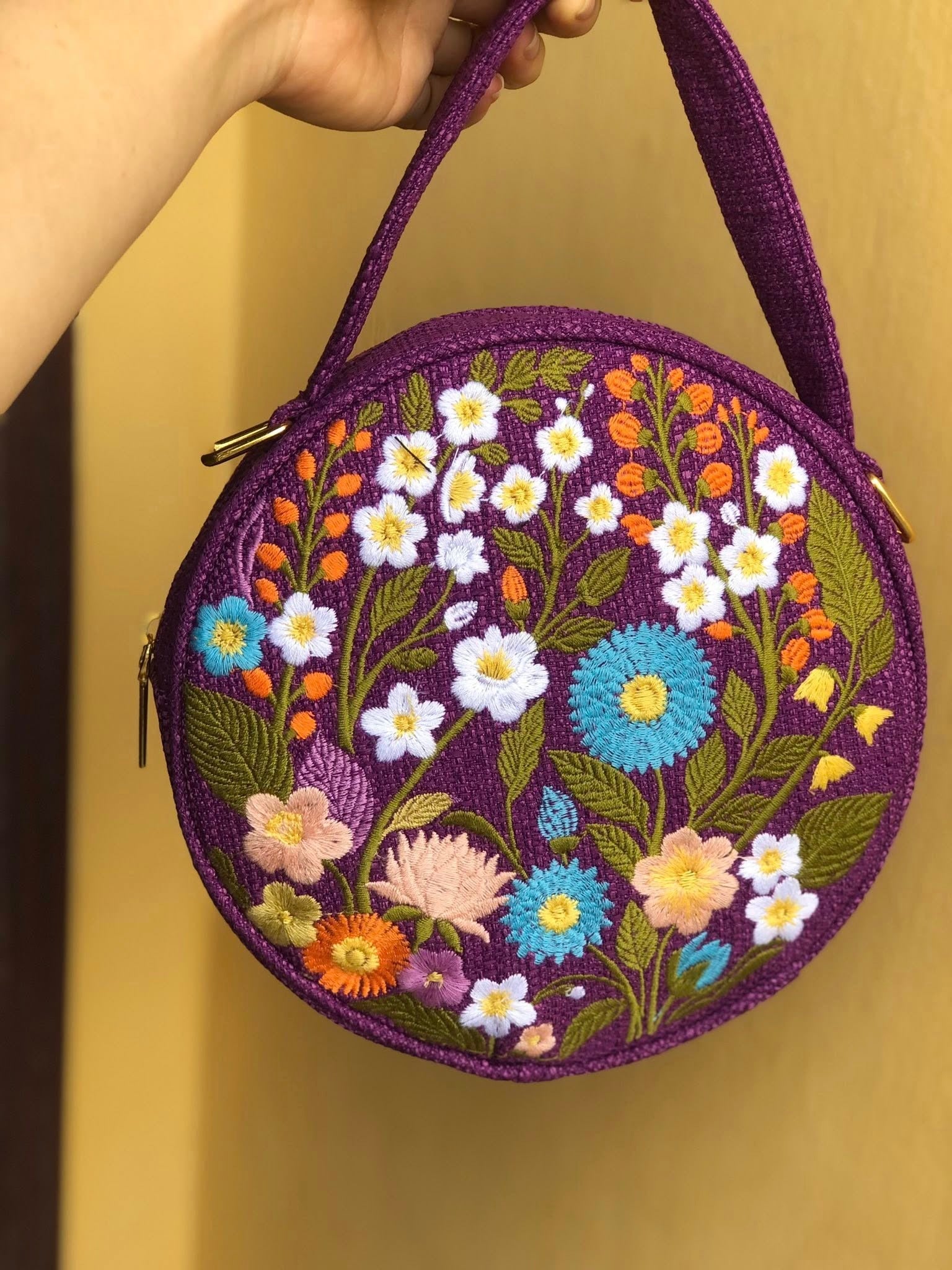 Round Floral Embroidered Bag, Handmade Boho Purse, Vintage Flower Handbag, Cottagecore Shoulder Bag, Gift for Her