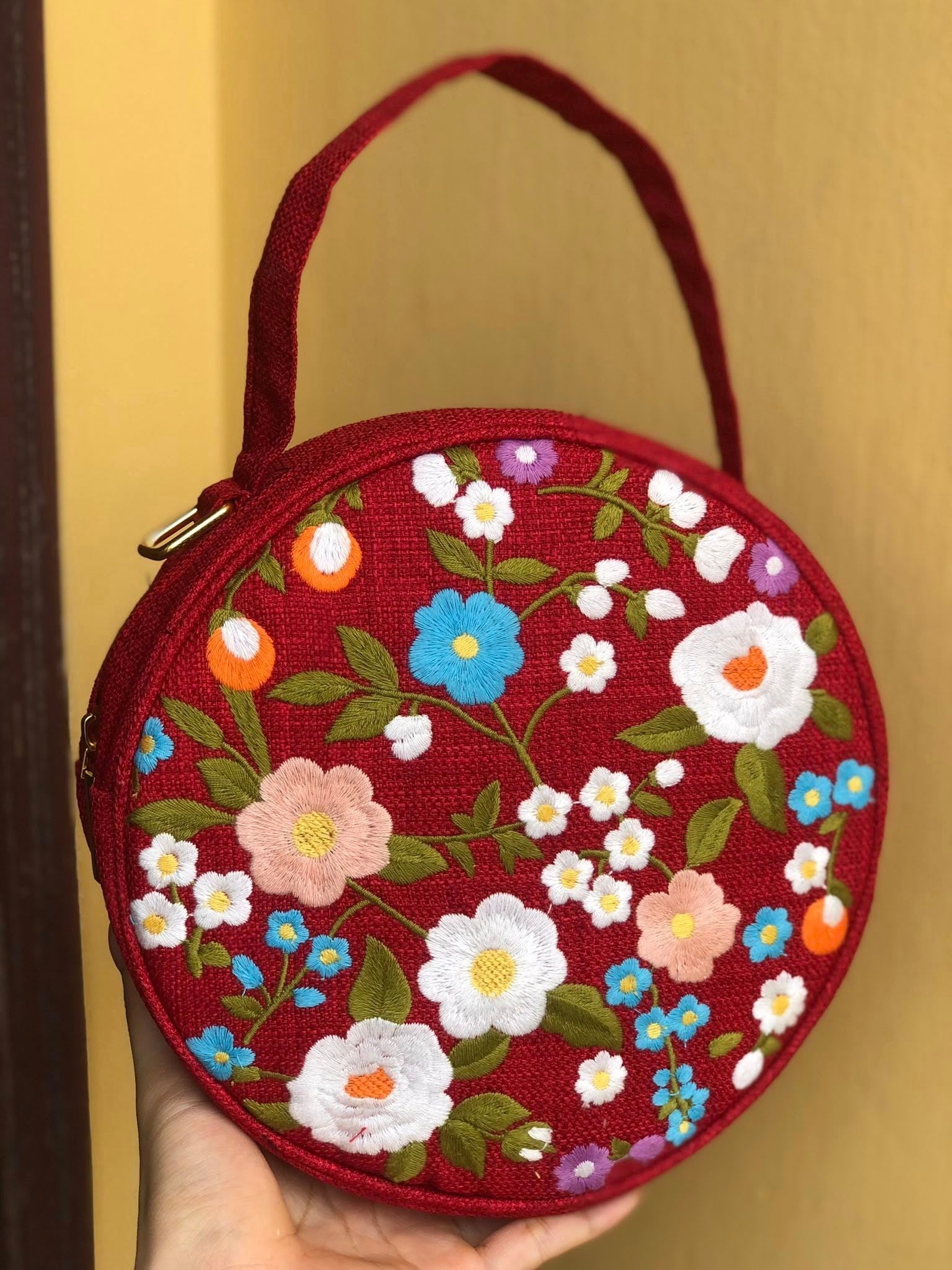 Round Floral Embroidered Bag, Handmade Boho Purse, Vintage Flower Handbag, Cottagecore Shoulder Bag, Gift for Her