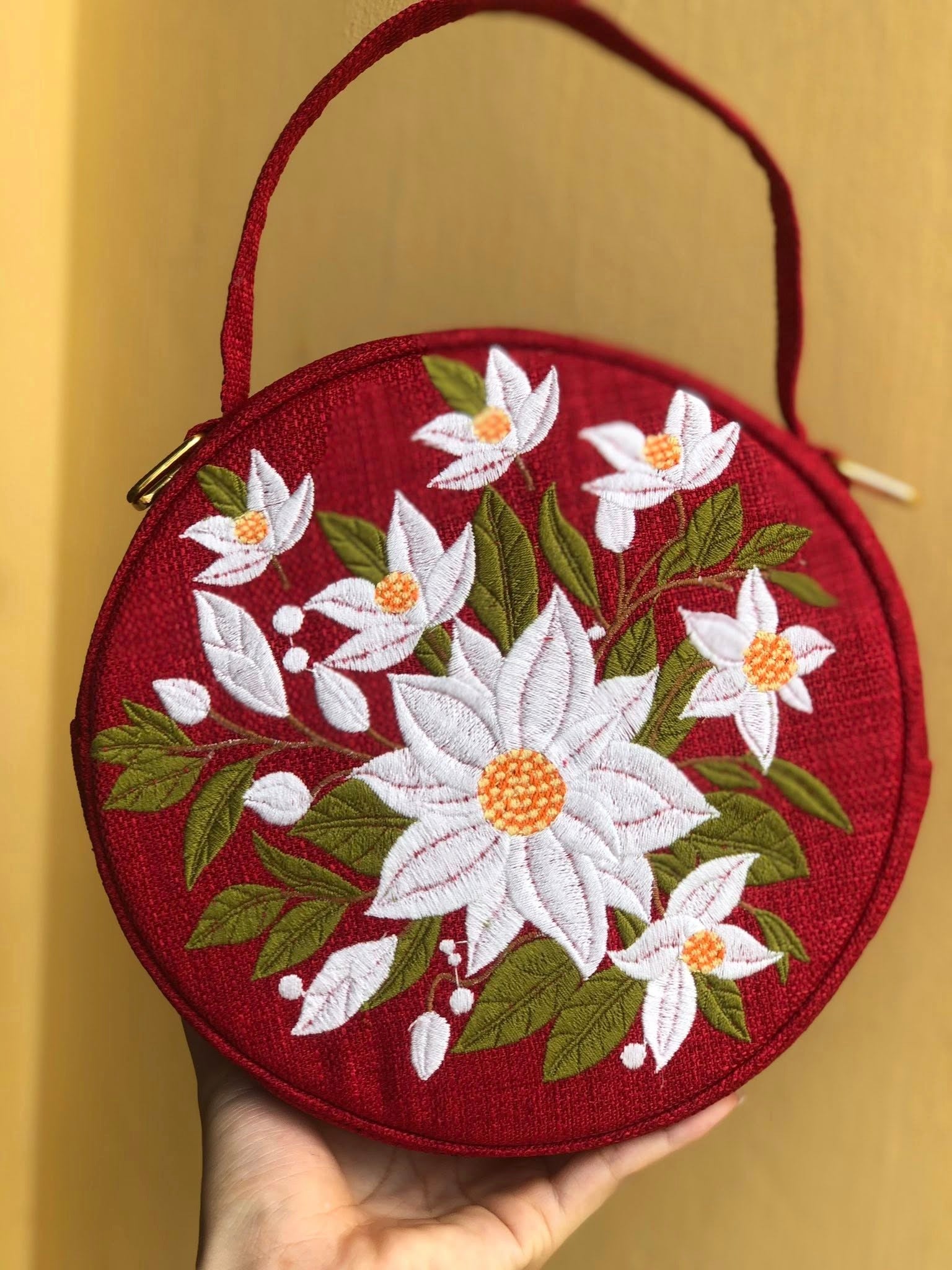 Round Floral Embroidered Bag, Handmade Boho Purse, Vintage Flower Handbag, Cottagecore Shoulder Bag, Gift for Her
