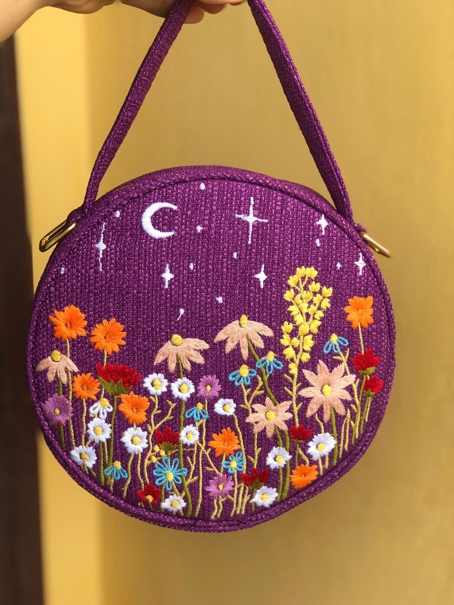 Round Floral Embroidered Bag, Handmade Boho Purse, Vintage Flower Handbag, Cottagecore Shoulder Bag, Gift for Her