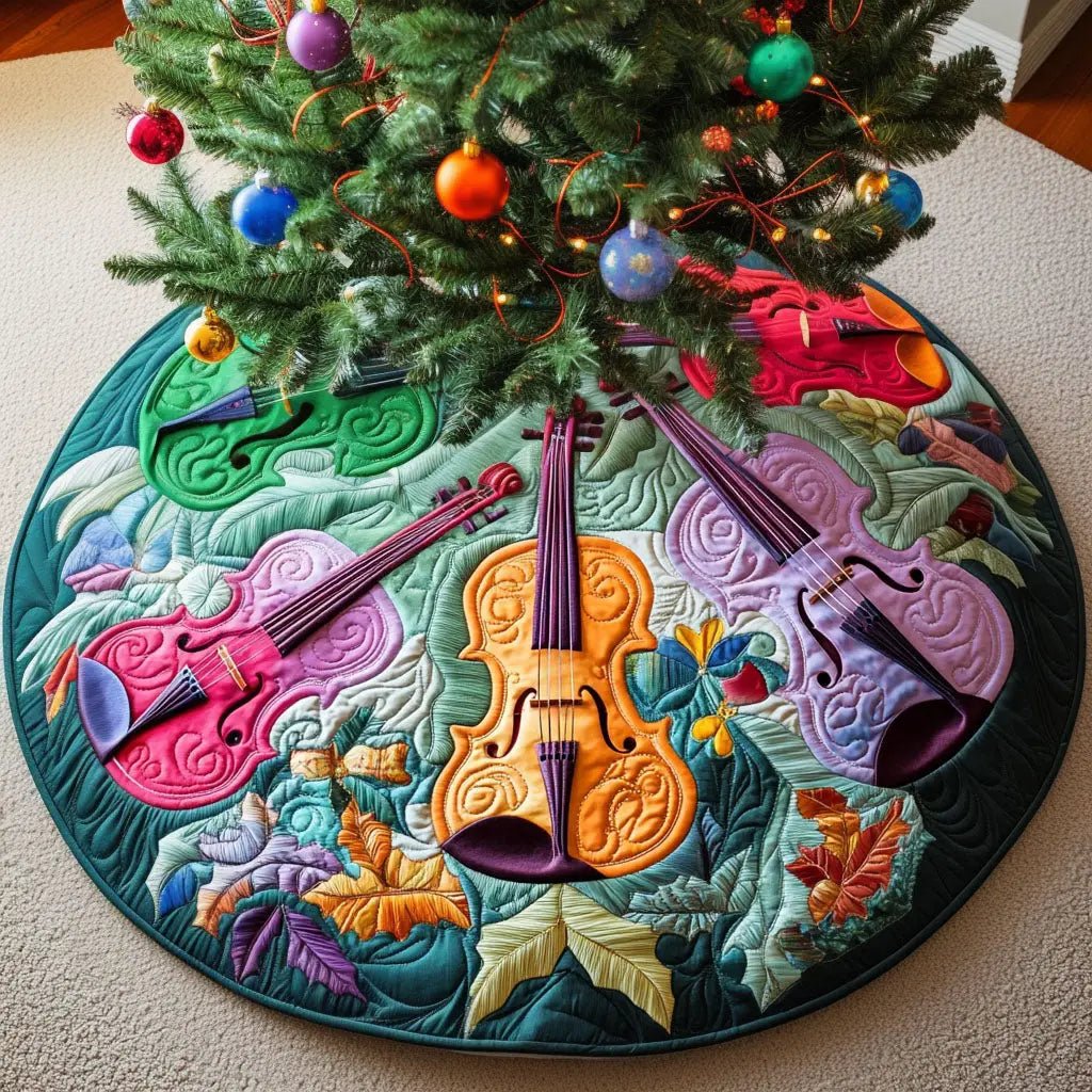 Colorful Violin Pattern Quilted Tree Skirt, Patchwork Xmas Tree Skirt, Holiday Decor, Xmas Tree Base Cover, Custom Tree Skirt XMASTS42