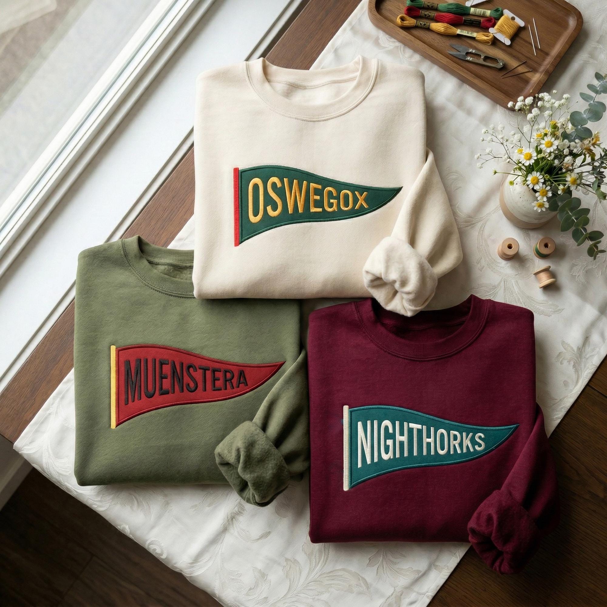 Custom Embroidered College Pennant Sweatshirt, Personalized Team Crewneck, Senior Class Gift, University High School Flag Name Sweater, Custom School Apparel