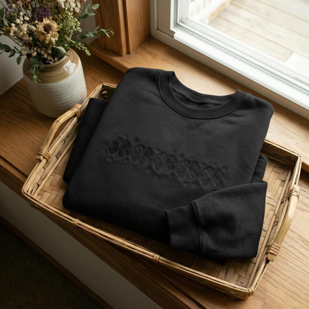 Embroidered Clover Sweatshirt, St. Patrick’s Day Irish Shirt, Lucky Tone-on-Tone Crewneck, Patrick’s Day Family Gift