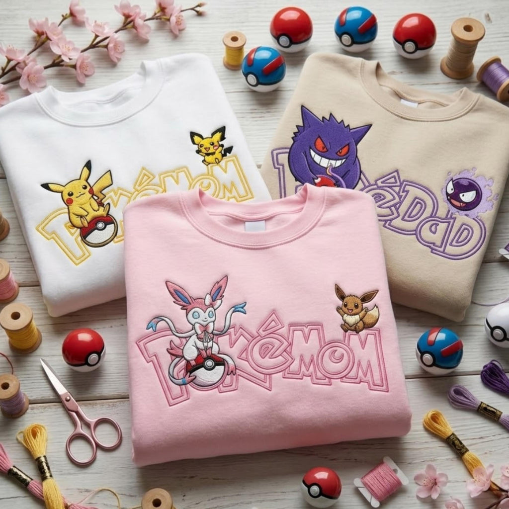 Embroidered Custom Pokedad Pokemom Hoodie, Cute Poke Characters Sweatshirt, Cozy Anime T-shirt, Gift for PKM Fans, Gift for dad and mom