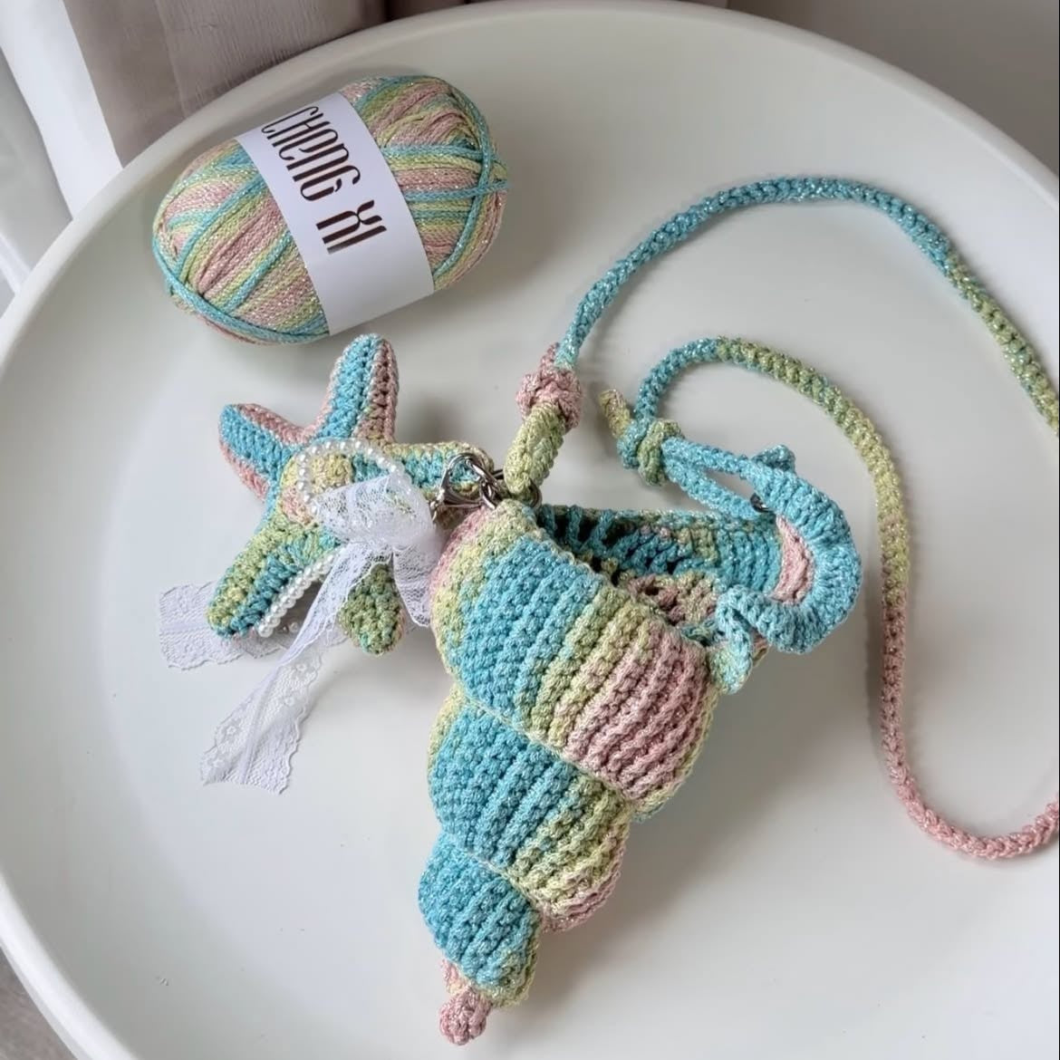 Crochet Seashell Crossbody Bag, Handmade Ocean Bag, Blue Starfish Shoulder Bag, Beach Summer Bag, Cute Coastal Gift for Her Crochet01