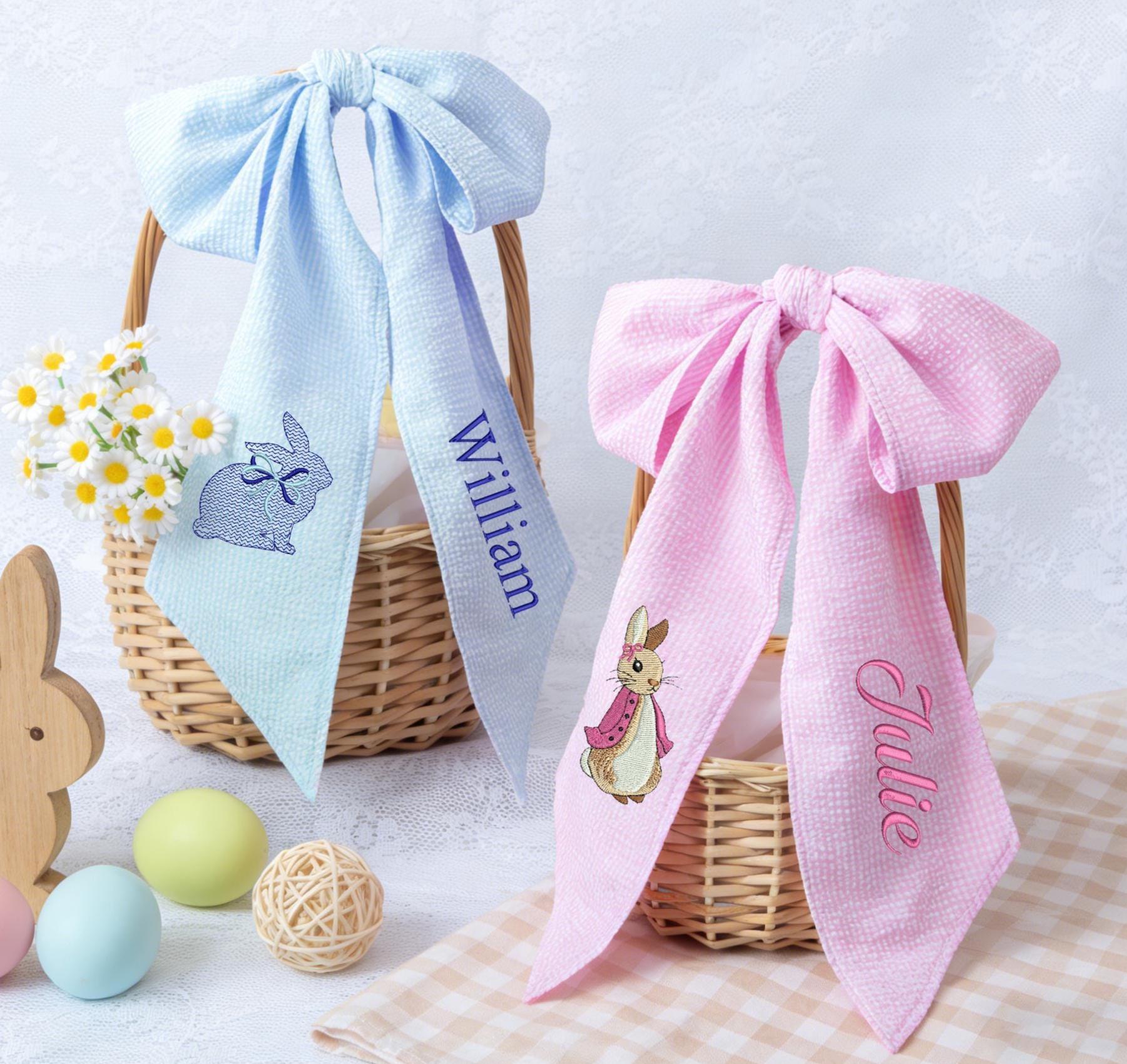 Personalized Seersucker Easter Basket Bow with Embroidered Name Custom Monogrammed Bunny Design Egg Hunts Gift & Spring Decorations