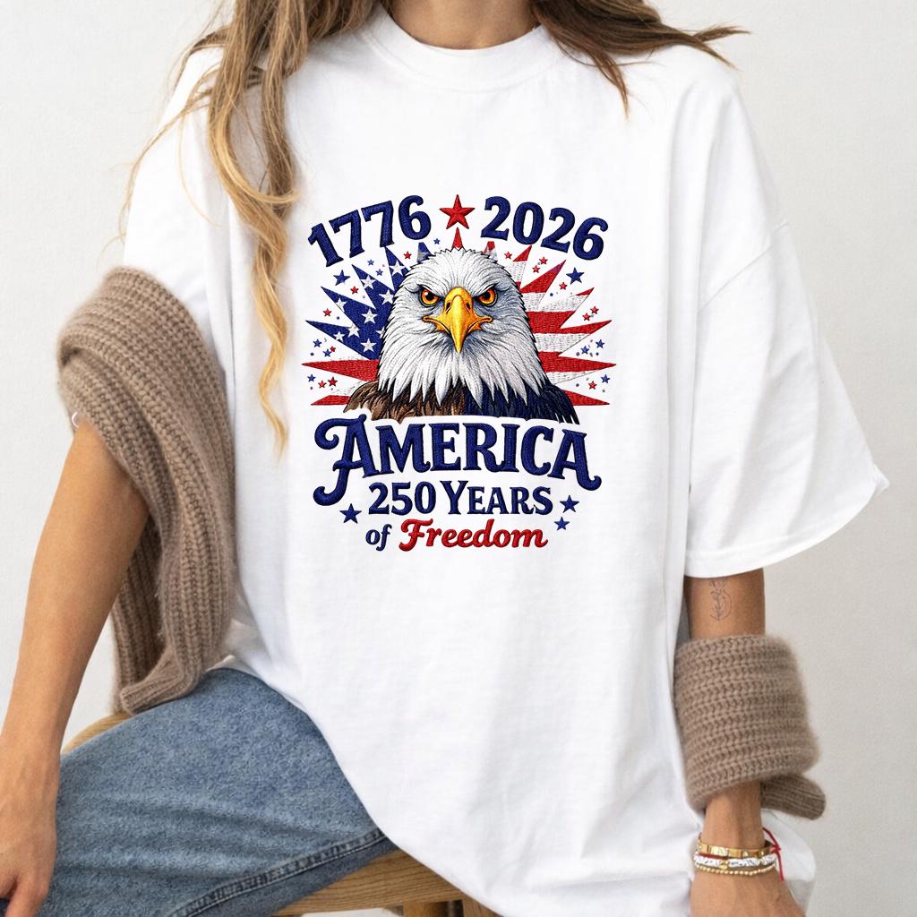 America 250 Years of Freedom Embroidery Sweatshirt – Eagle Head Patriotic USA 1776–2026, 4th of July Machine Embroidered Crewneck
