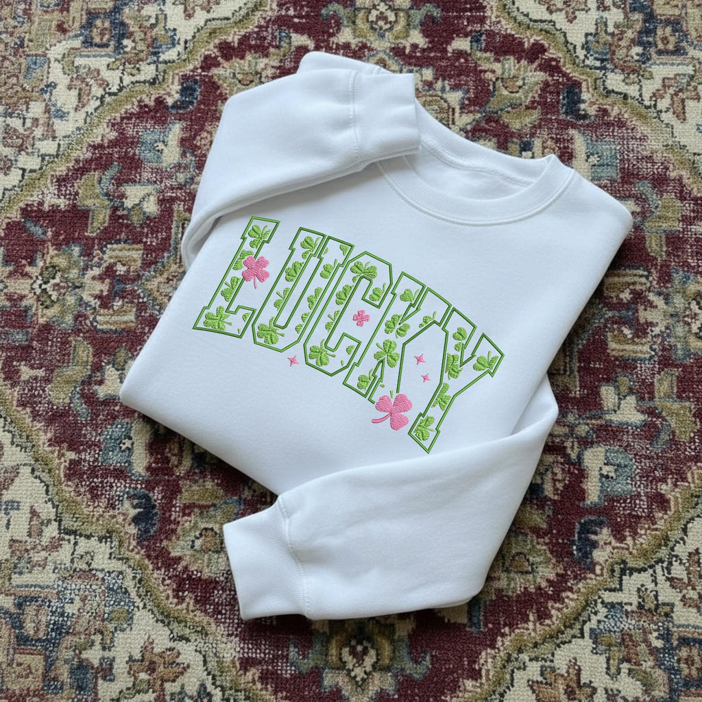 Embroidered Lucky Sweatshirt, Cute St. Patrick’s Day Sweatshirt, Women’s Shamrock Irish Crewneck, Festive Green Outfit