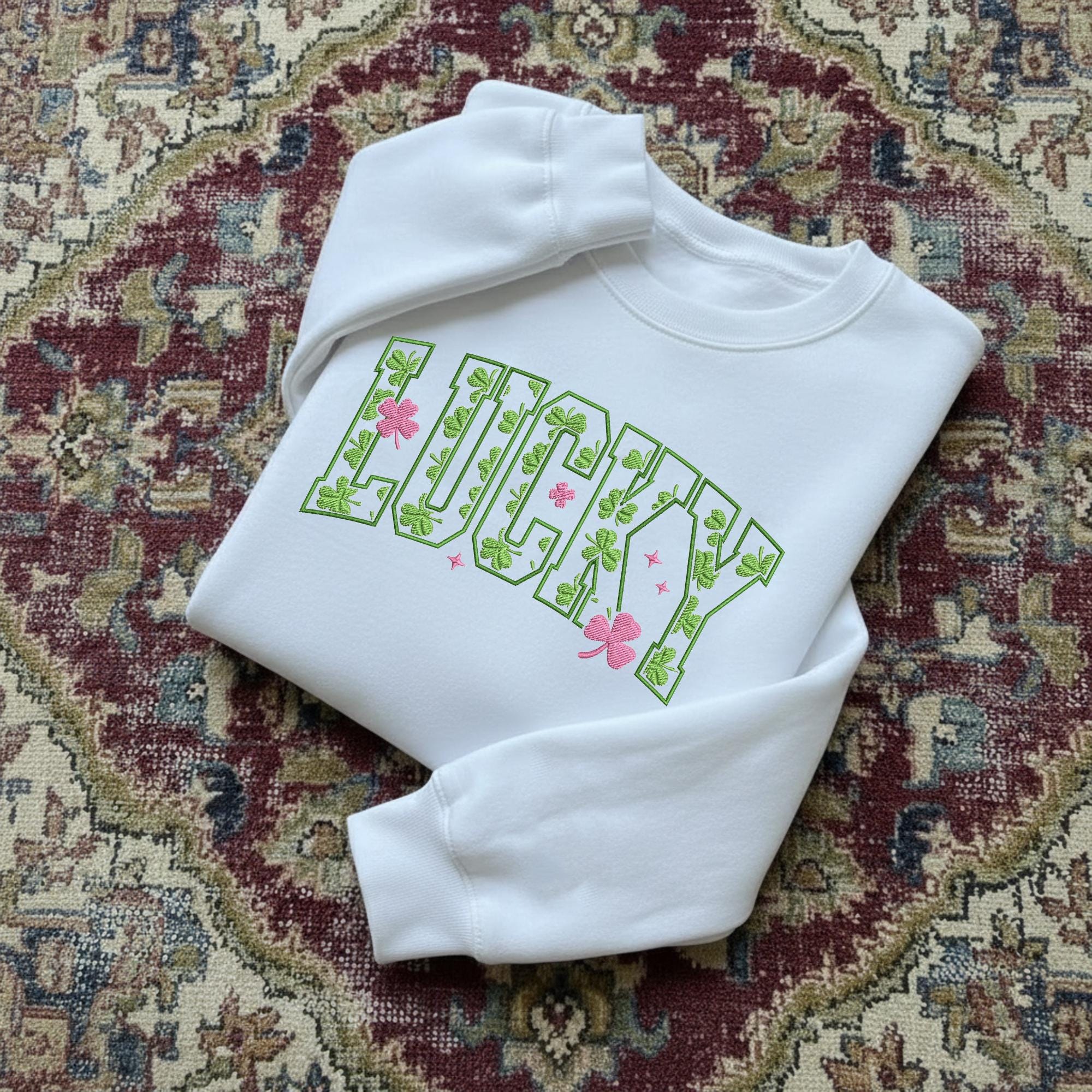Embroidered Lucky Sweatshirt, Cute St. Patrick’s Day Sweatshirt, Women’s Shamrock Irish Crewneck, Festive Green Outfit