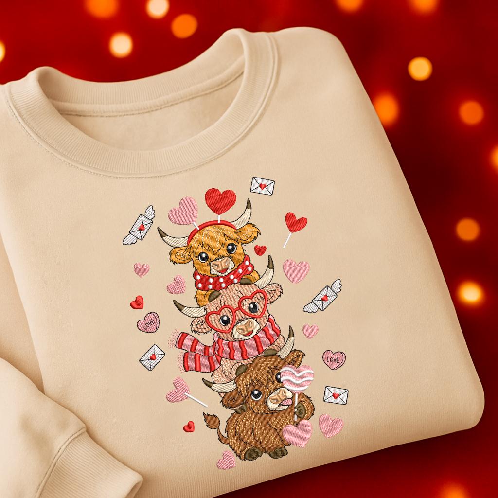 Highland Cow Embroidery Sweatshirt, Valentine Coquette Embroidery Sweatshirt, Retro Valentine Heart