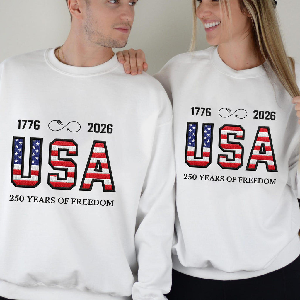USA 250 Years of Freedom Embroidered Sweatshirt – Patriotic USA Letters – Independence Day 1776–2026