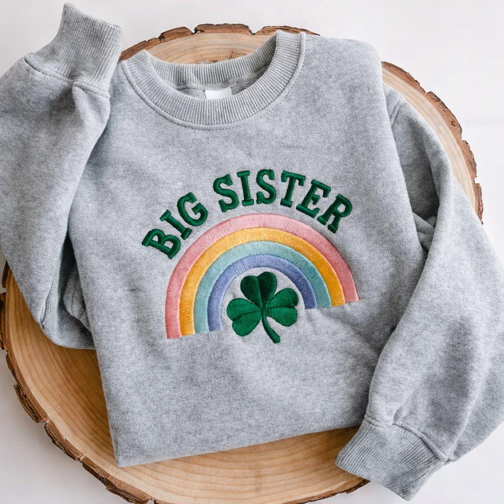 Big Sister Embroidered St. Patrick’s Day Sweatshirt – Kids Shamrock Embroidered Crewneck, Cute Irish Green Sweatshirt