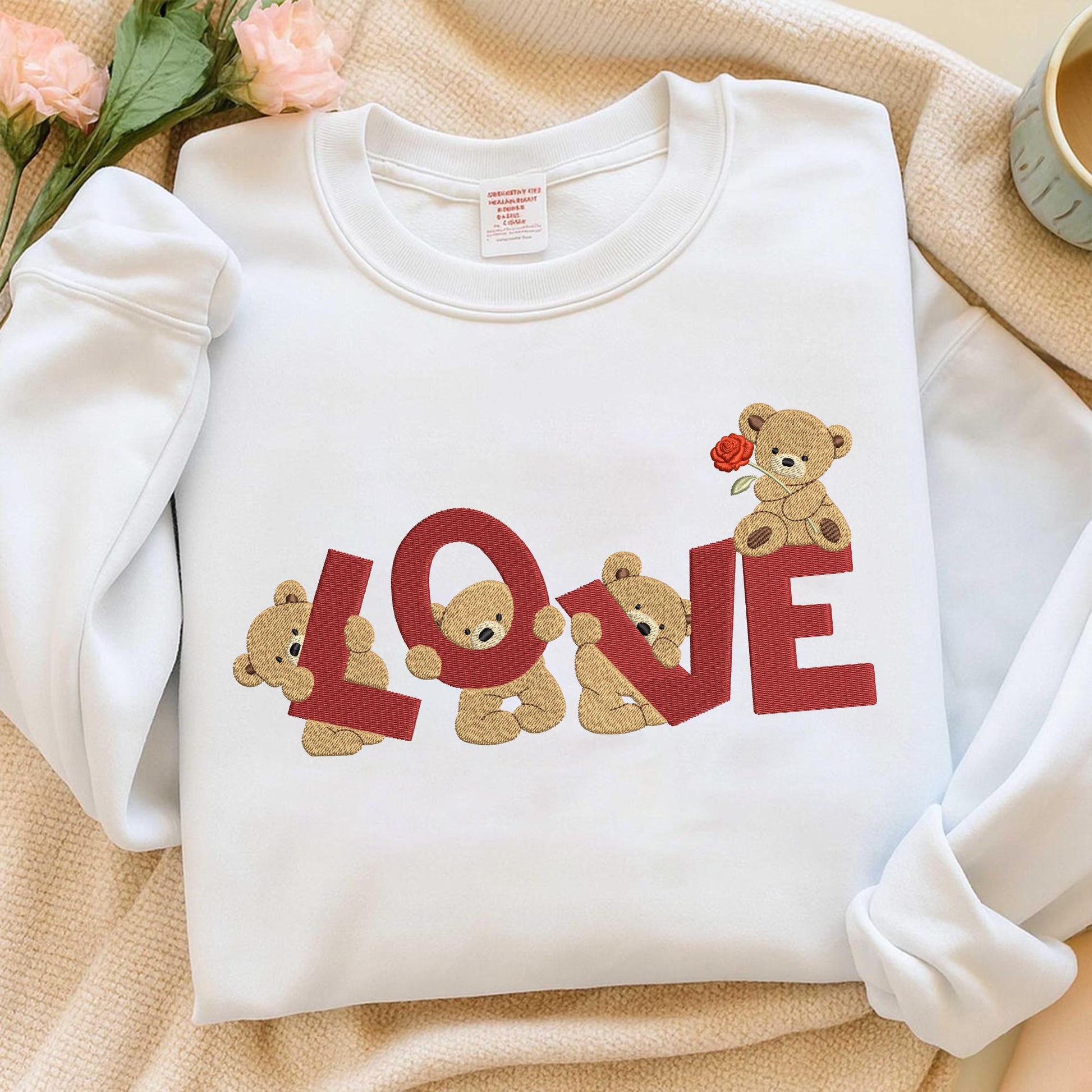 Love Bear Embroidery Sweatshirt, Cute Valentine Crewneck, Romantic Embroidered Love Sweatshirt