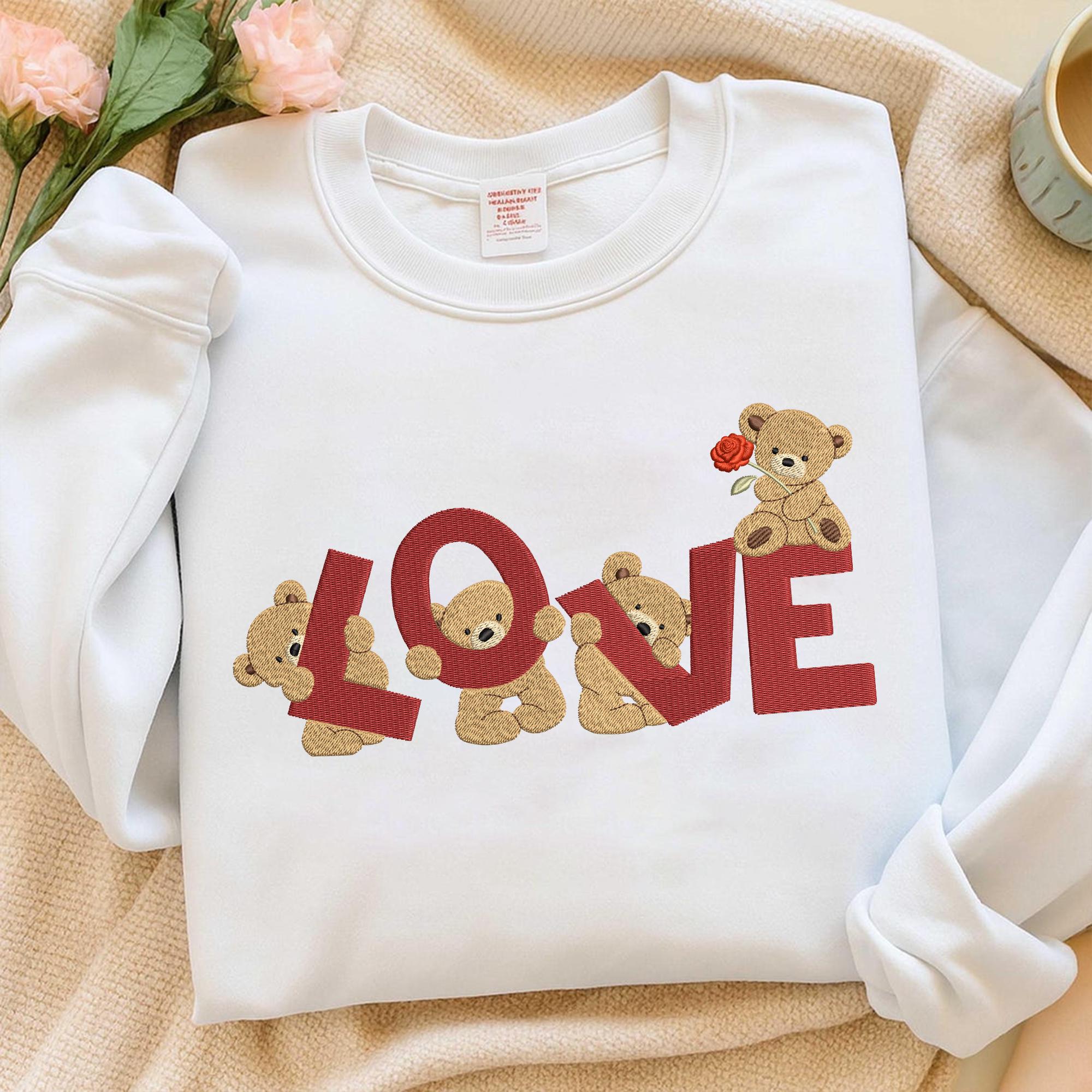 Love Bear Embroidery Sweatshirt, Cute Valentine Crewneck, Romantic Embroidered Love Sweatshirt