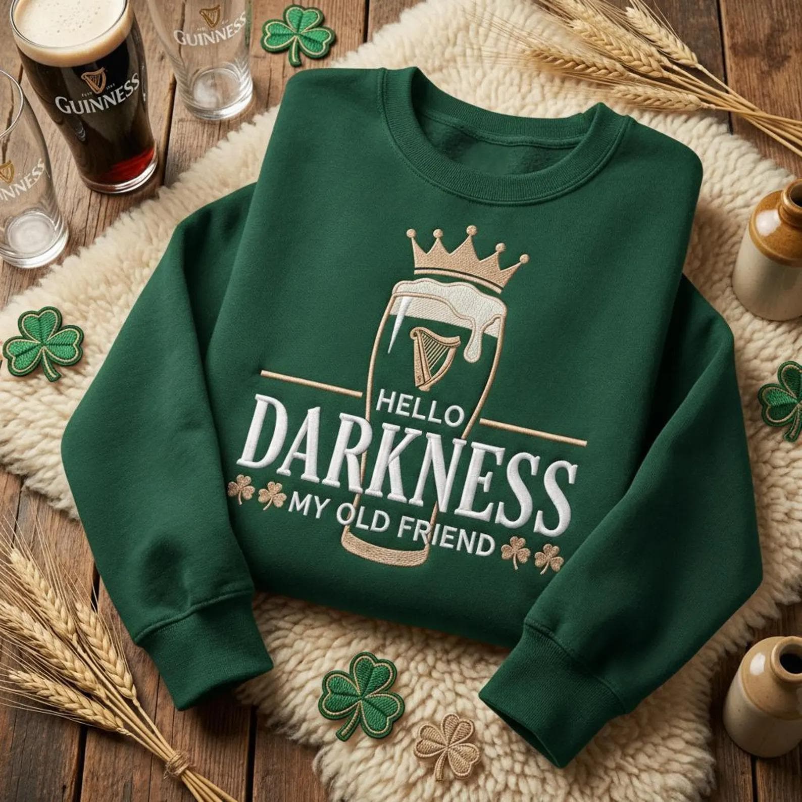 Embroidered Hello Darkness My Old Friend Irish Beer Sweatshirt, St Patrick's Day Party pullover, Stout Beer Lover, Irish Pride Apparel