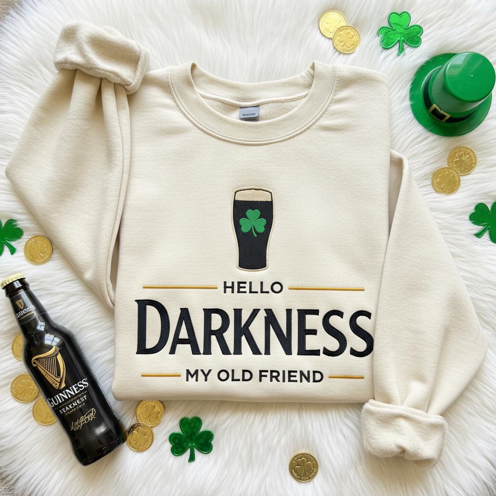 Embroidered Hello Darkness My Old Friend Irish Beer Sweatshirt, St Patrick's Day Party pullover, Stout Beer Lover, Irish Pride Apparel