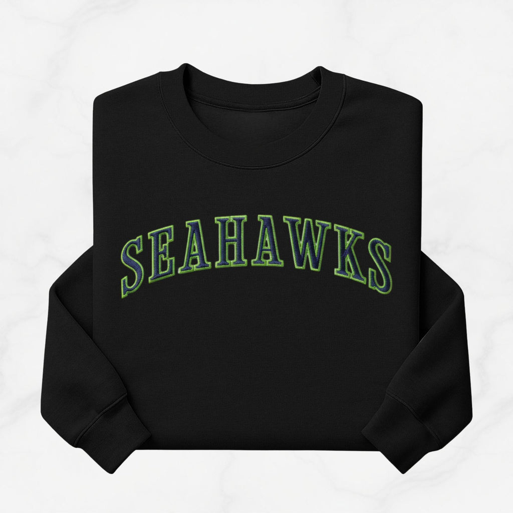 Embroidered Seahawks Crewneck Sweatshirt, Green and Navy Lettering, Seattle Football Fan Merch Apparel