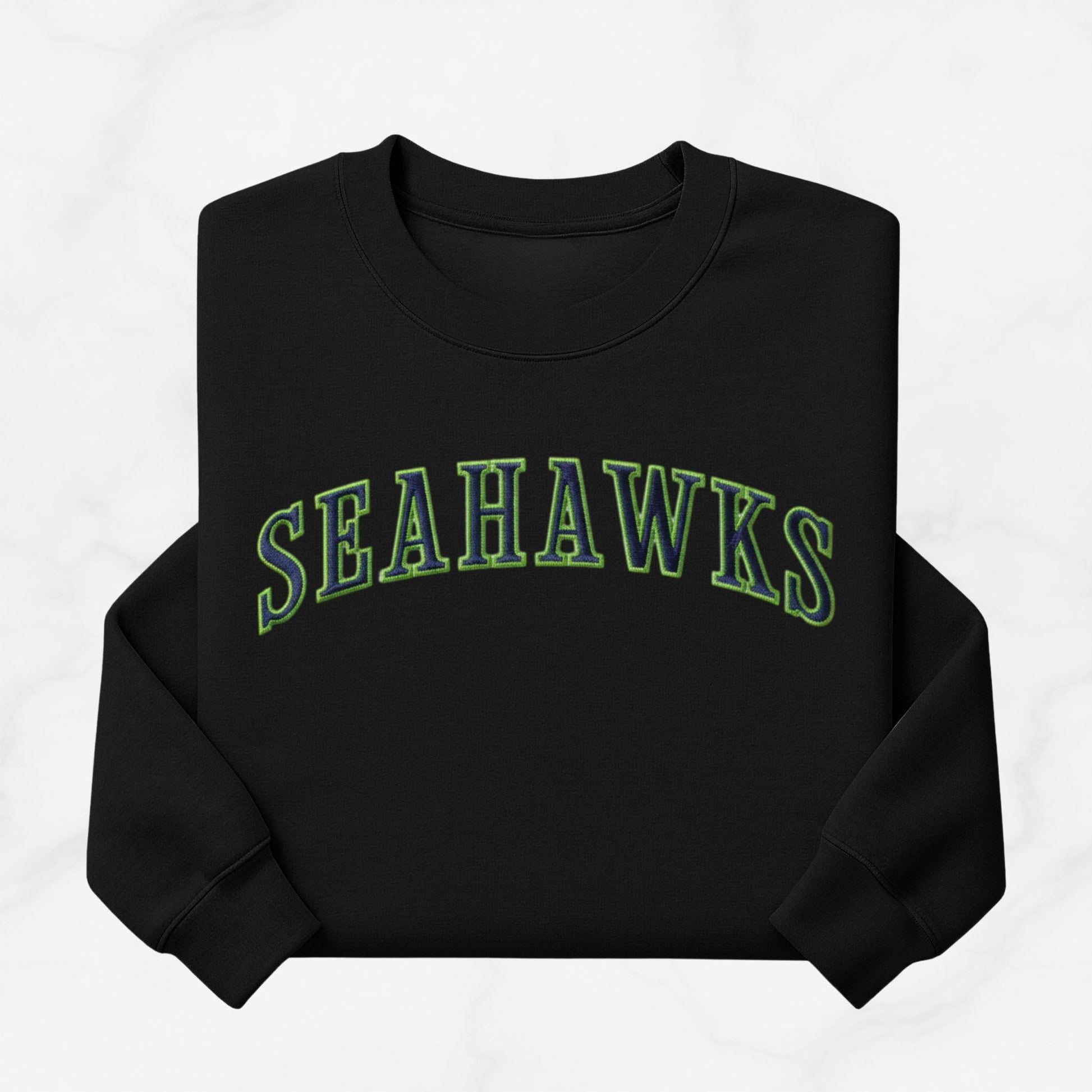 Embroidered Seahawks Crewneck Sweatshirt, Green and Navy Lettering, Seattle Football Fan Merch Apparel
