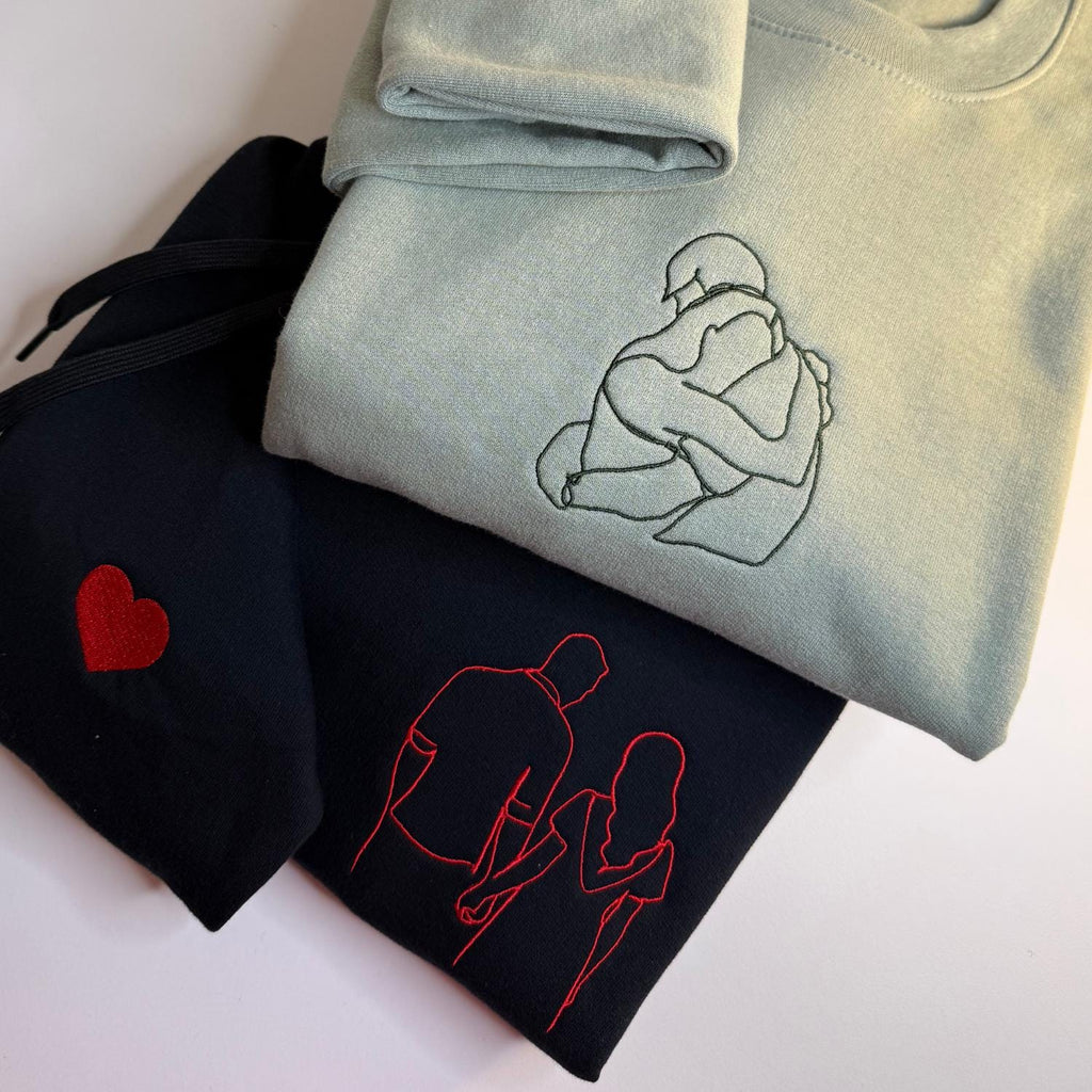 Custom Photo Embroidered Hoodie, Personalised Couple Sketch from Photo, Outline Drawing Embroidery Hoodies