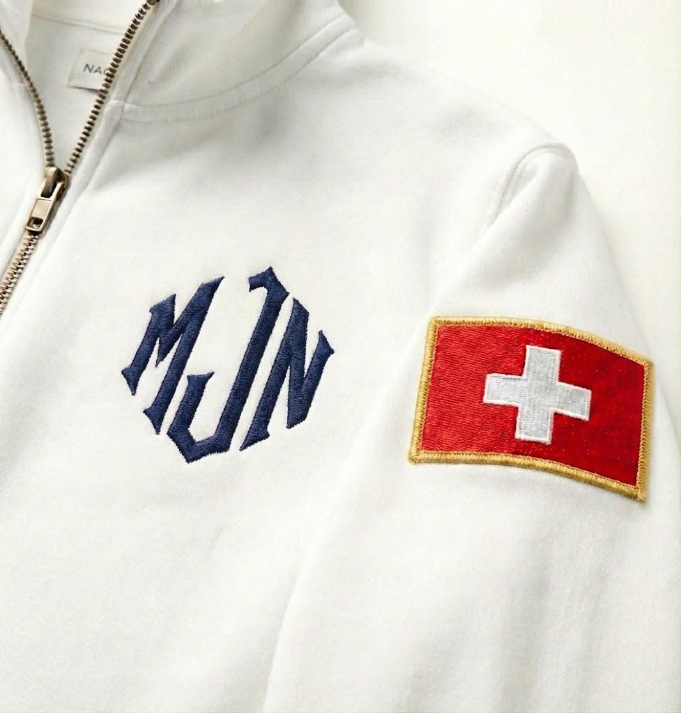 Personalize your J.E.E Epstein 1/4 zip-up sweatshirt with embroidered name, personalize your sleeve flag, JEE monogram embroidered t-shirt