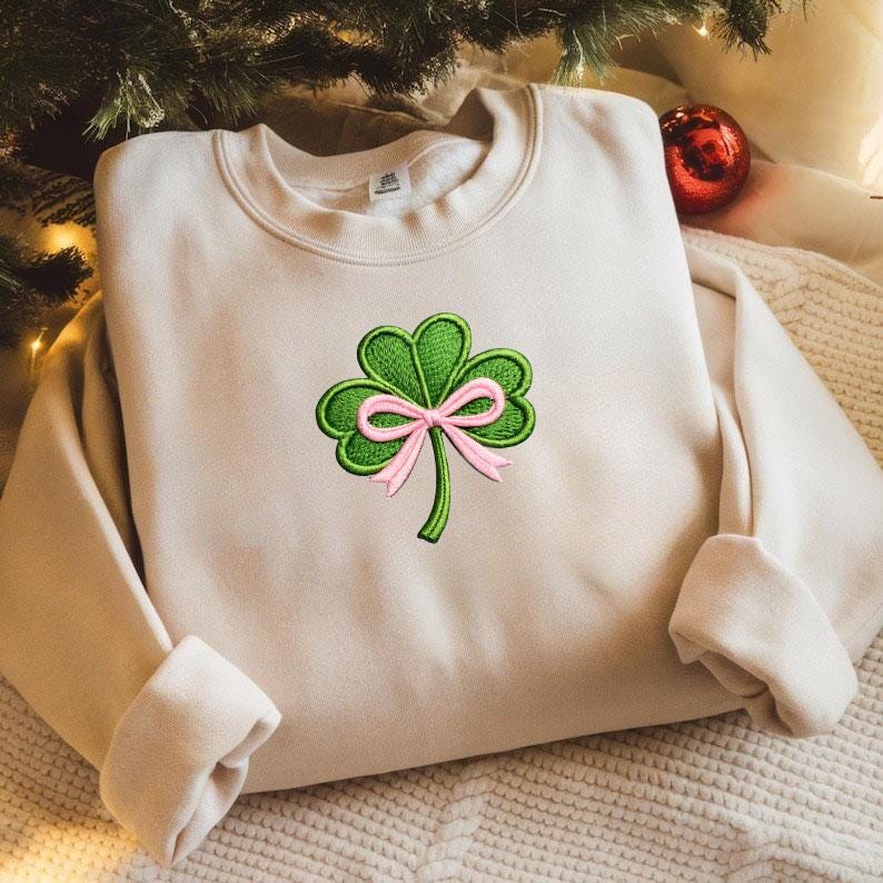 Embroidered St. Patrick’s Day Sweatshirt – Irish Shamrock Bow Embroidery Design, Saint Patrick’s Day Crewneck