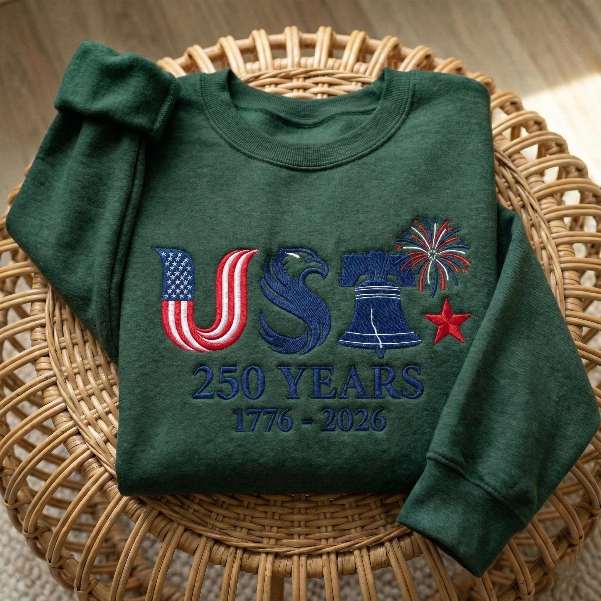 EMBROIDERED USA 250 Years Sweatshirt, American Independence Day Shirt, 1776–2026 Patriotic Crewneck, Liberty Bell Eagle Fourth of July Gift
