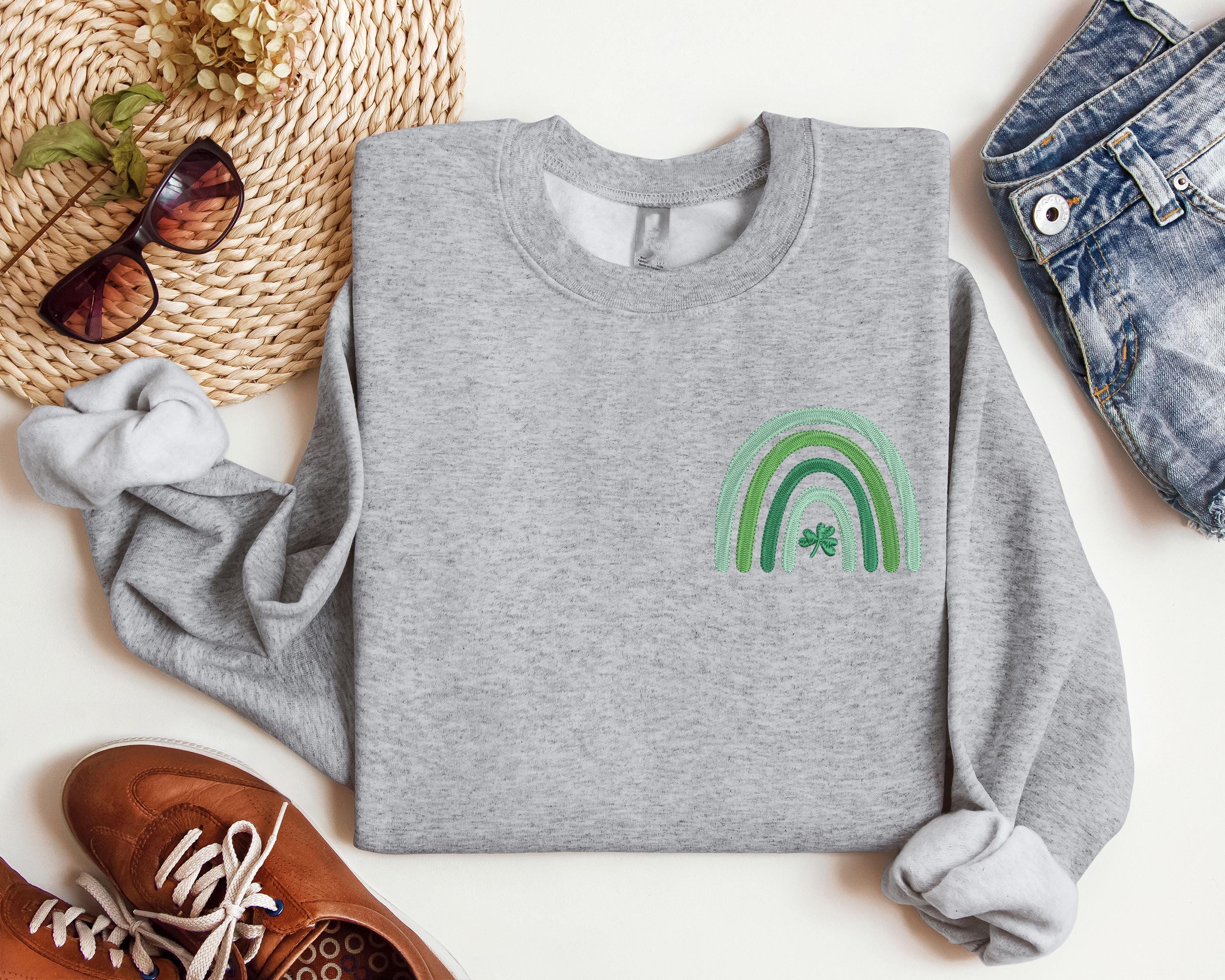 Shamrock Rainbow Embroidered Shirt, St Patricks Day Lucky T-Shirt, Shamrock Rainbow T-shirt, Embroidered Clover Sweatshirt, Lucky Sweater