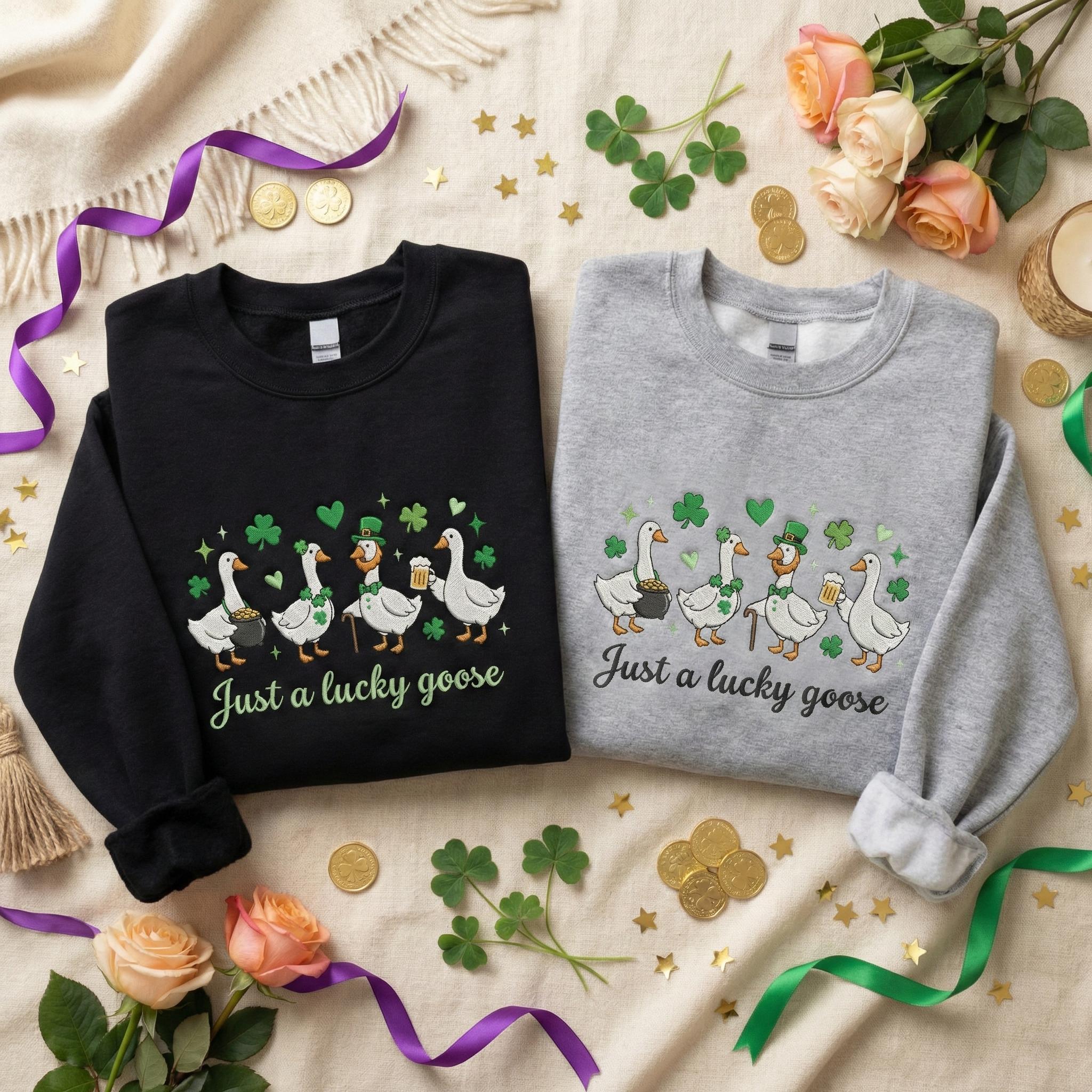 St. Patrick’s Goose Shirt – Irish Lucky Day Goose Embroidered Shirt, Just a Lucky Goose Tee, St. Patrick’s Day Gift
