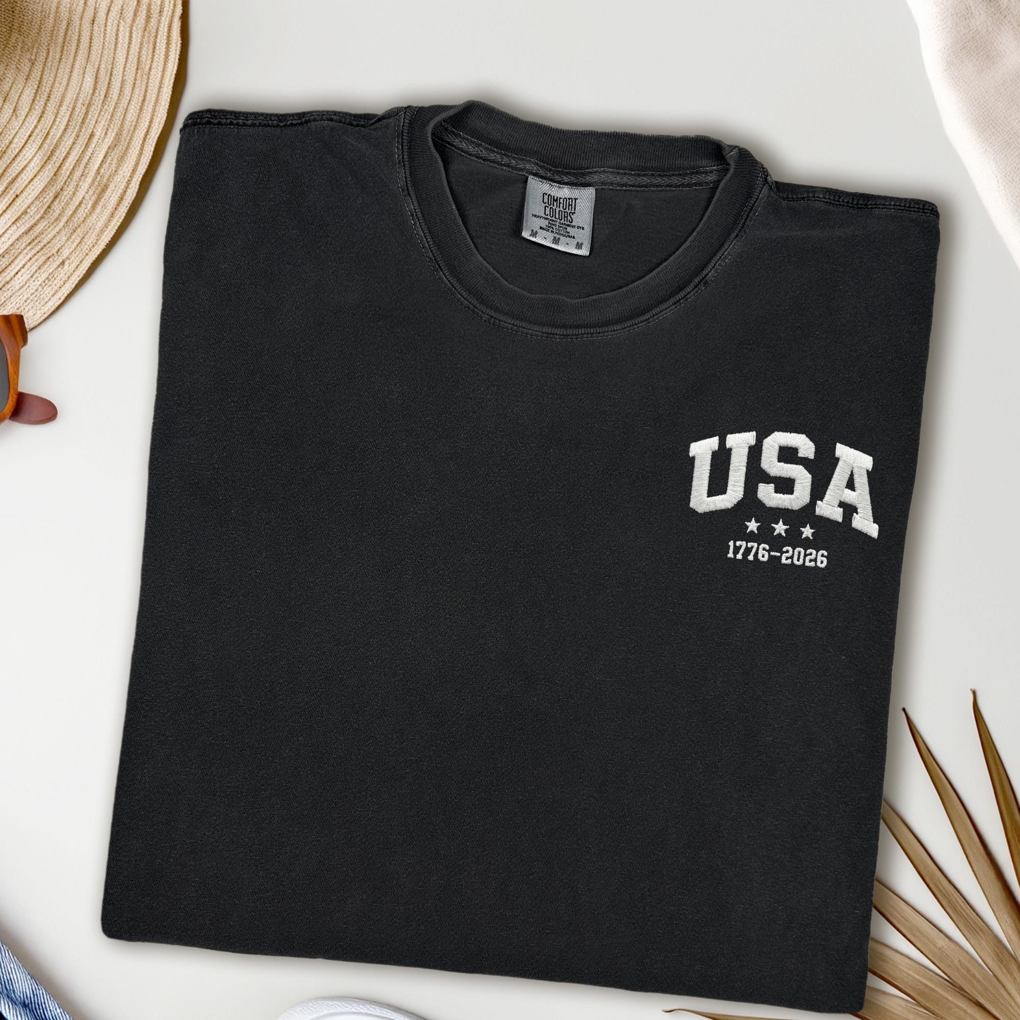USA 250 Embroidered Left Chest Design Patriotic 1776 2026 Minimalist American Anniversary Tee Gift America Birthday Shirt
