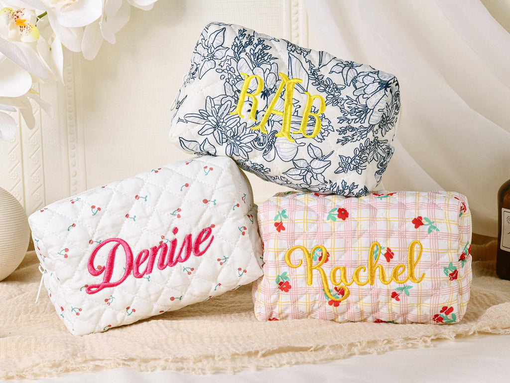 Personalized Embroidered Makeup Bag – Custom Floral Cosmetic Bag, Travel Makeup Pouch, Bridesmaid Gift for Her