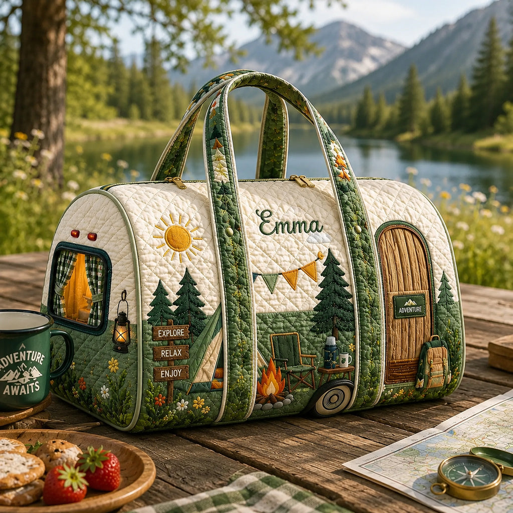 Personalized Camper Adventure Quilted Duffle Bag, Custom Camping Travel Bag, RV Weekender Bag, Outdoor Gift for Family DFB26