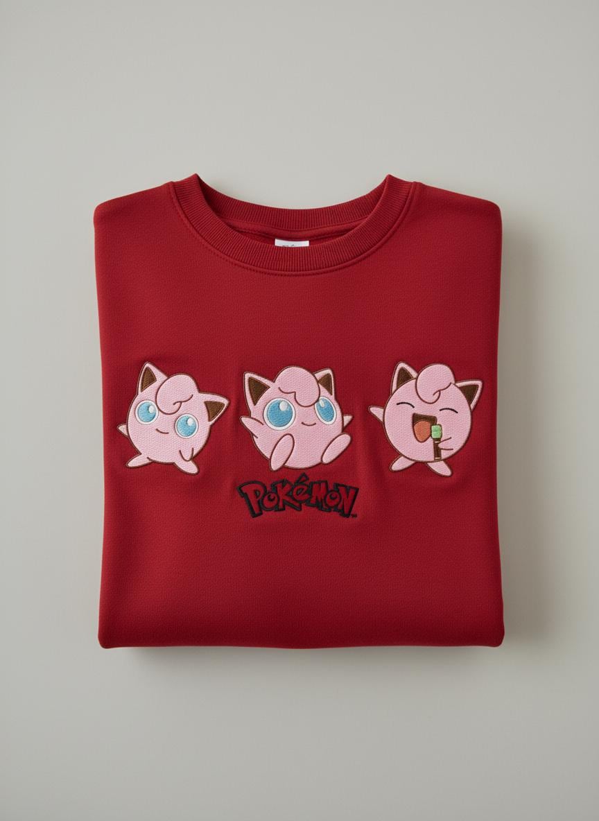 Embroidery Jigglypuff PKM Sweatshirt, Pokemon Character Embroidery Shirt, Jigglypuff Character Embroidery Hoodie, Fashion Clothing