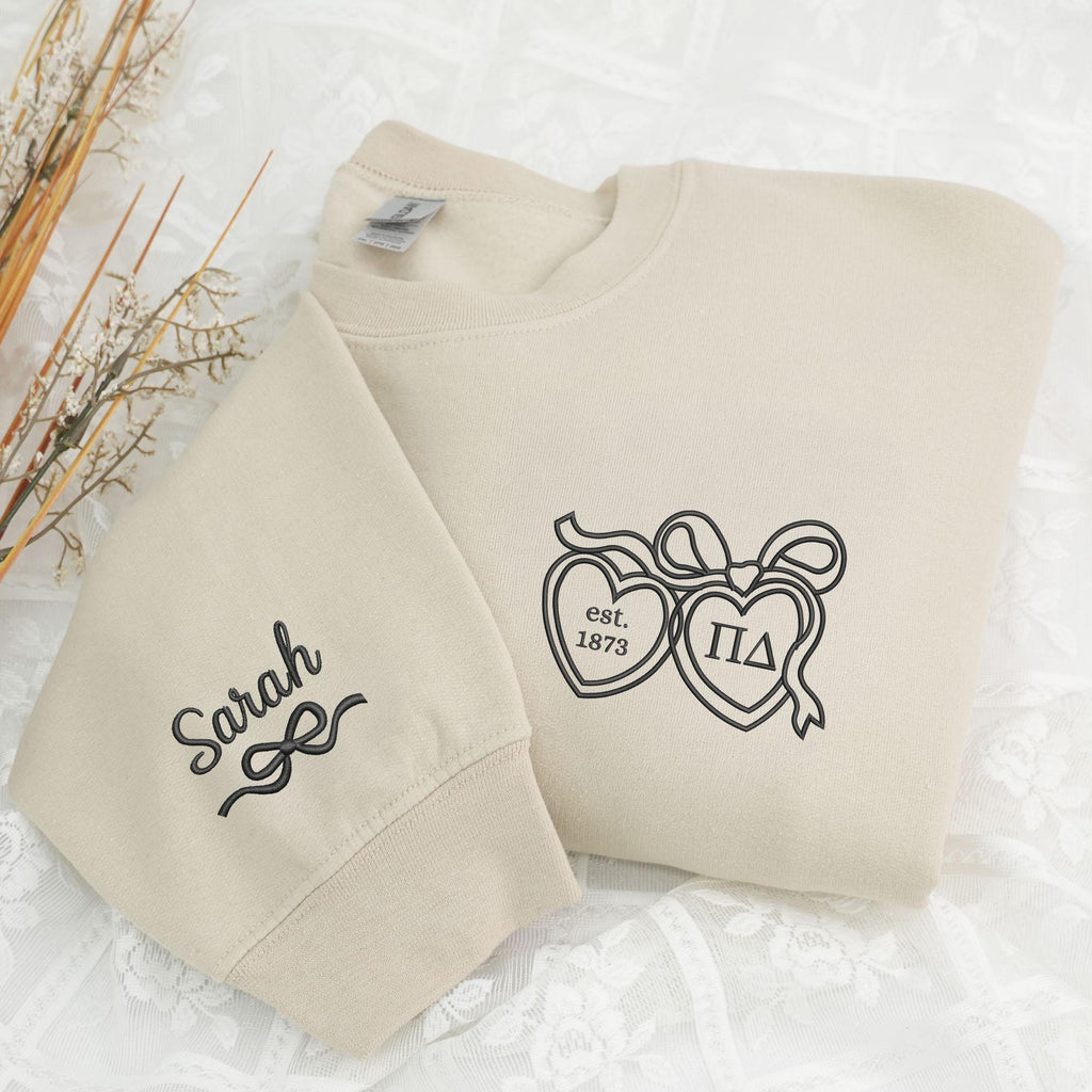 Custom Coquette Bow And Locket Personalized Embroidered Crew Neck Sweatshirt - Gifts for Her - Greek Sorority Gift Basket Big Little Reveal