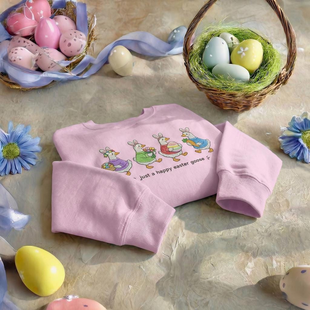 Just a Happy Easter Goose Embroidered Sweatshirt, Cute Goose Bunny Ears Hoodie, Funny Easter Animal Shirt, Spring Garden Party Apparel