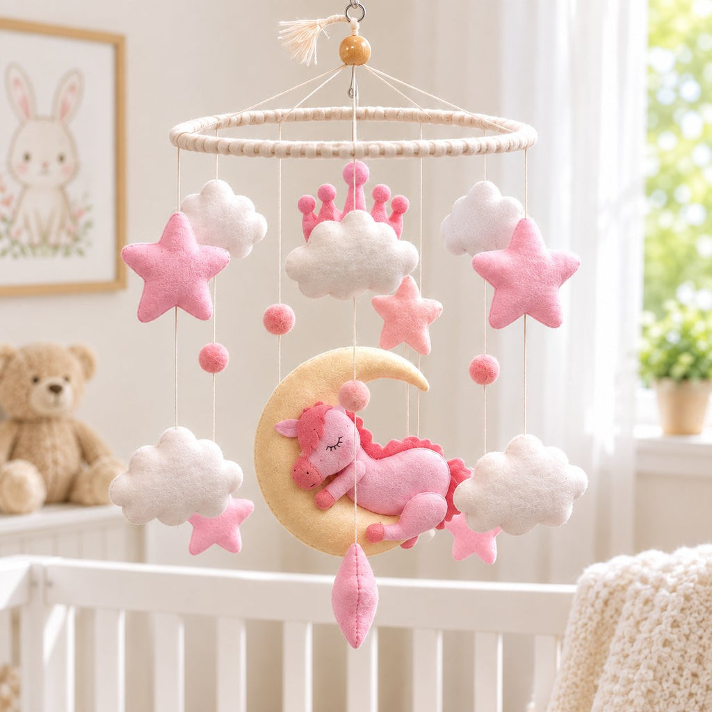 Pink Unicorn Felt Baby Mobile, Moon Star and Cloud Crib Mobile, Princess Baby Girl Nursery Decor, Baby Shower Gift BBMB22
