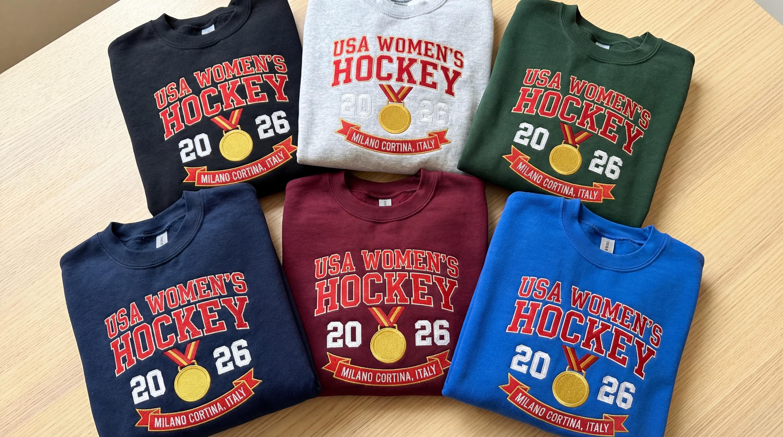 USA Woman's Hockey Champions 2026 Gold Medal Embroidered Sweatshirt, Patriotic Red White Blue Women's Winter Sports Fan Crewneck