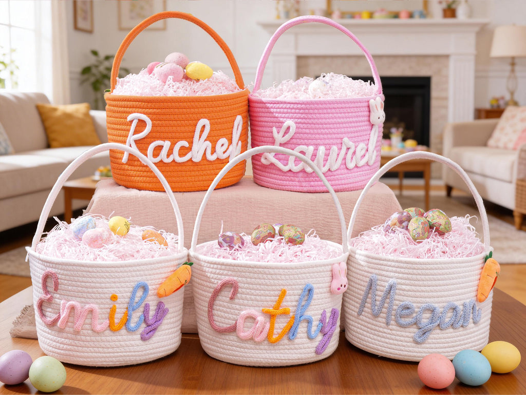 Personalized Easter Basket with Name, Handwoven Rope Basket, Easter Bunny Gift for Kids, Easter Egg Hunt Basket, Baby Shower Gift