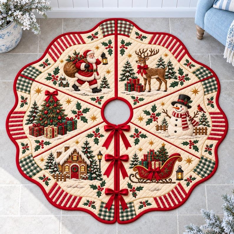 Santa Christmas Pattern Quilted Tree Skirt, Patchwork Xmas Tree Skirt, Holiday Decor, Xmas Tree Base Cover, Custom Tree Skirt XMASTS04