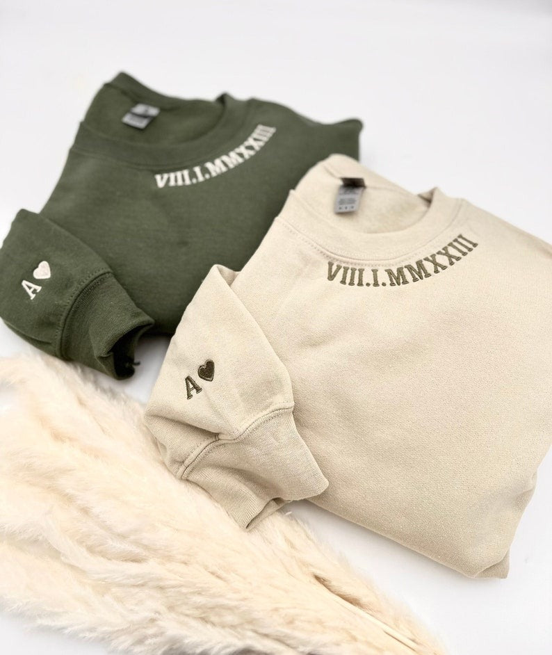 Embroidered Couple Sweatshirt, Personalized Date Sweater, Matching Wedding Gift, Roman Numeral Embroidery, Minimalist Outfit