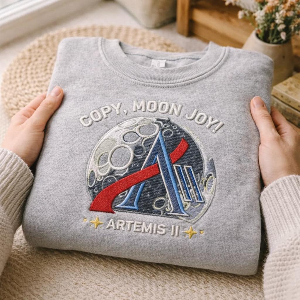 Embroidered Moon Joy Quote Sweatshirt, Minimal Lunar Shirt, Aesthetic Night Sky Top, Trendy Gift for Women