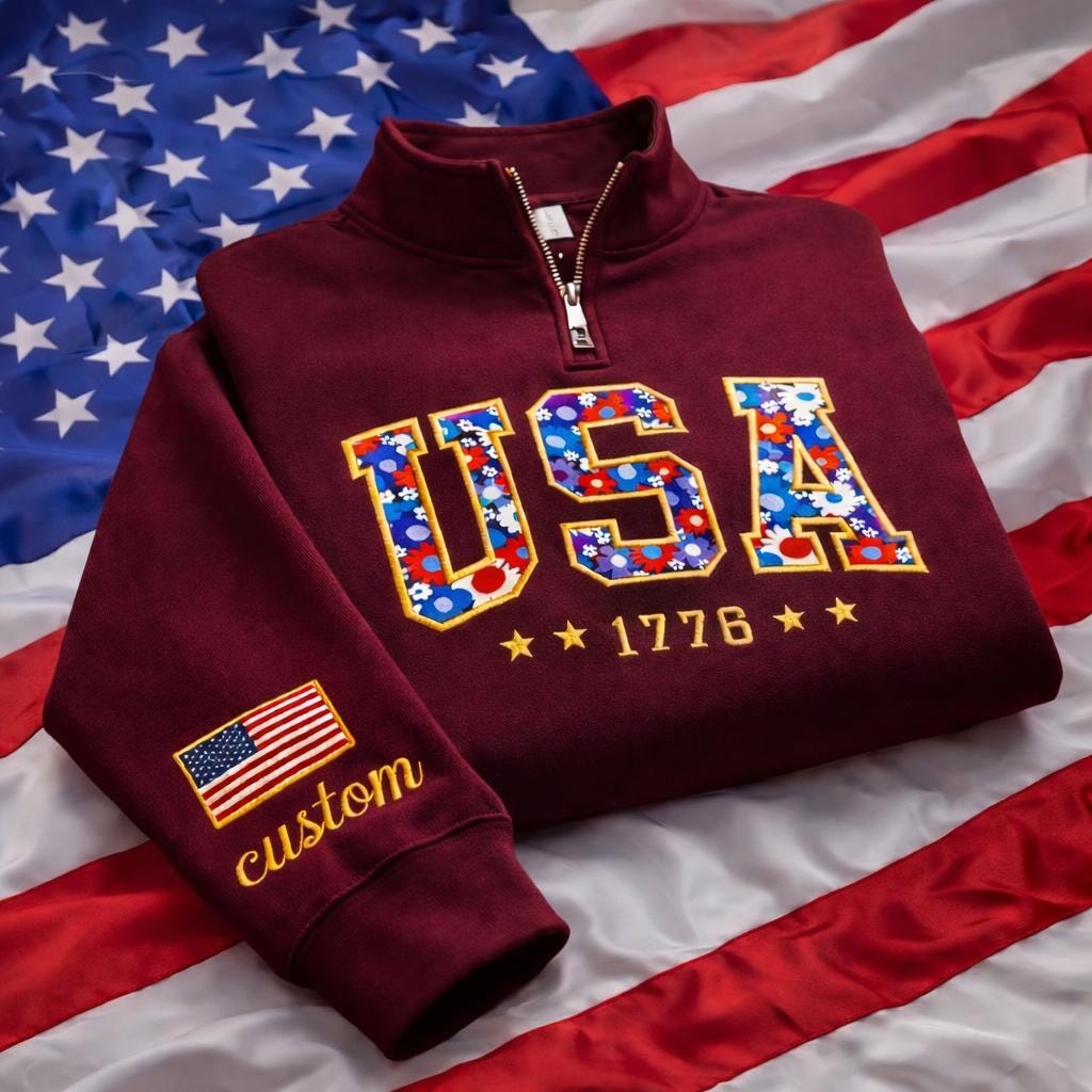 Embroidered USA Floral Crewneck Quarter Zip Sweater – Custom Sleeve American Pride Sweater, America 250th Anniversary, Independence Day Gift