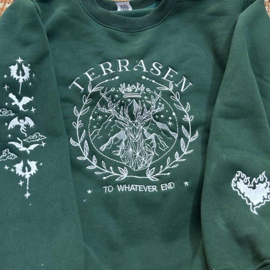 Terrasen To Whatever End Embroidered Sweatshirt, Fireheart Hoodie, SJM Throne of Glass Shirt, ACOTAR Book Lover Gift,Fantasy Reader Crewneck