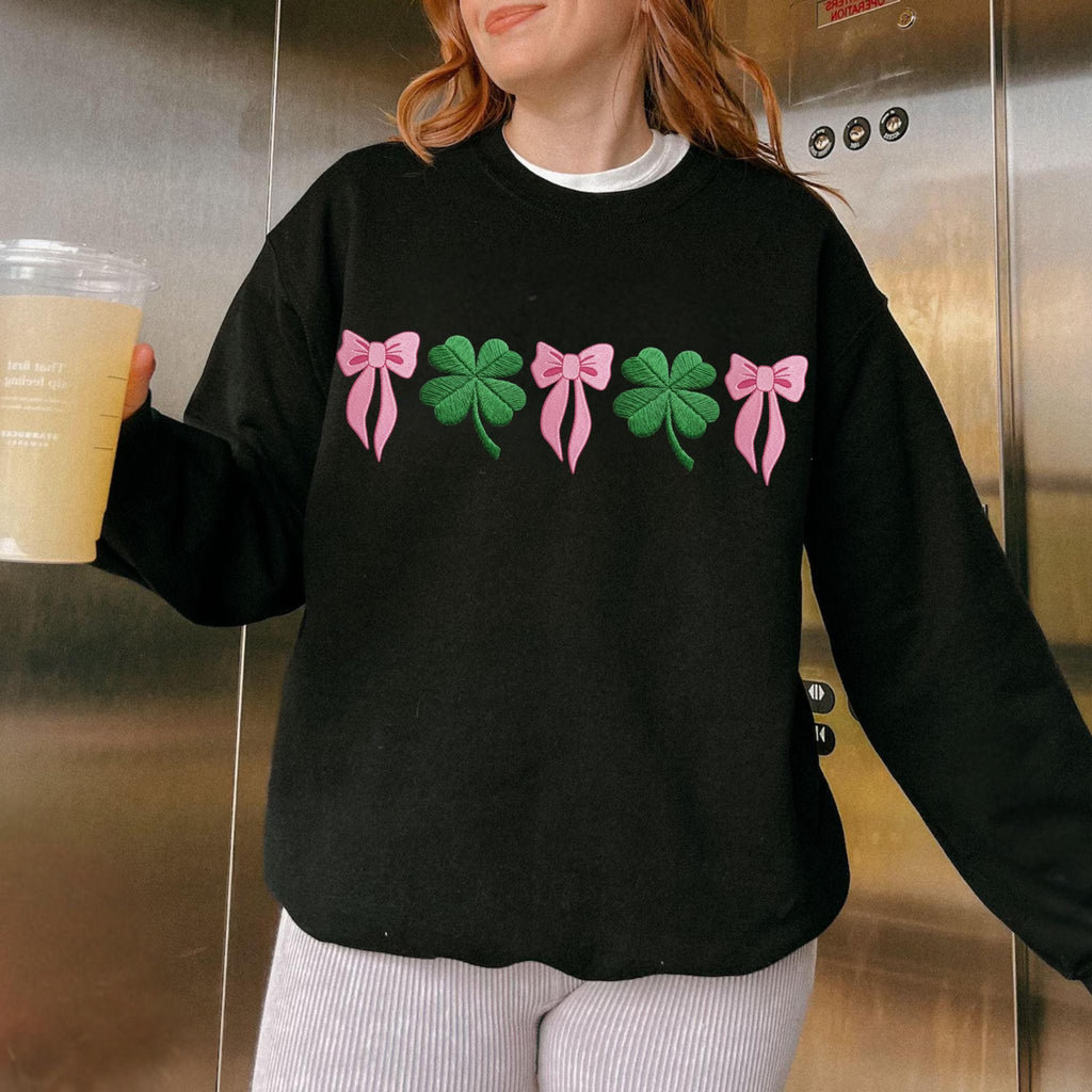 Coquette Bow Lucky Shamrock Embroidered Sweatshirt – St. Patrick’s Day Trendy Green Crewneck, Cute Irish Holiday Wear