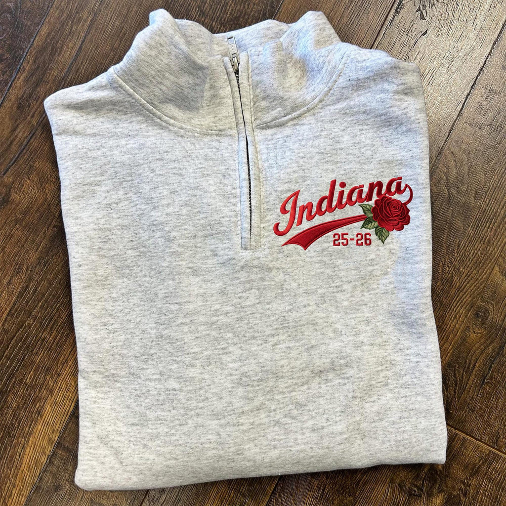 2026 Embroidered Indiana Quarter Zip Sweater – Indiana Rose Bowl Shirt, Hoosiers College Football Fan Gift, Pasadena California Game Day Apparel