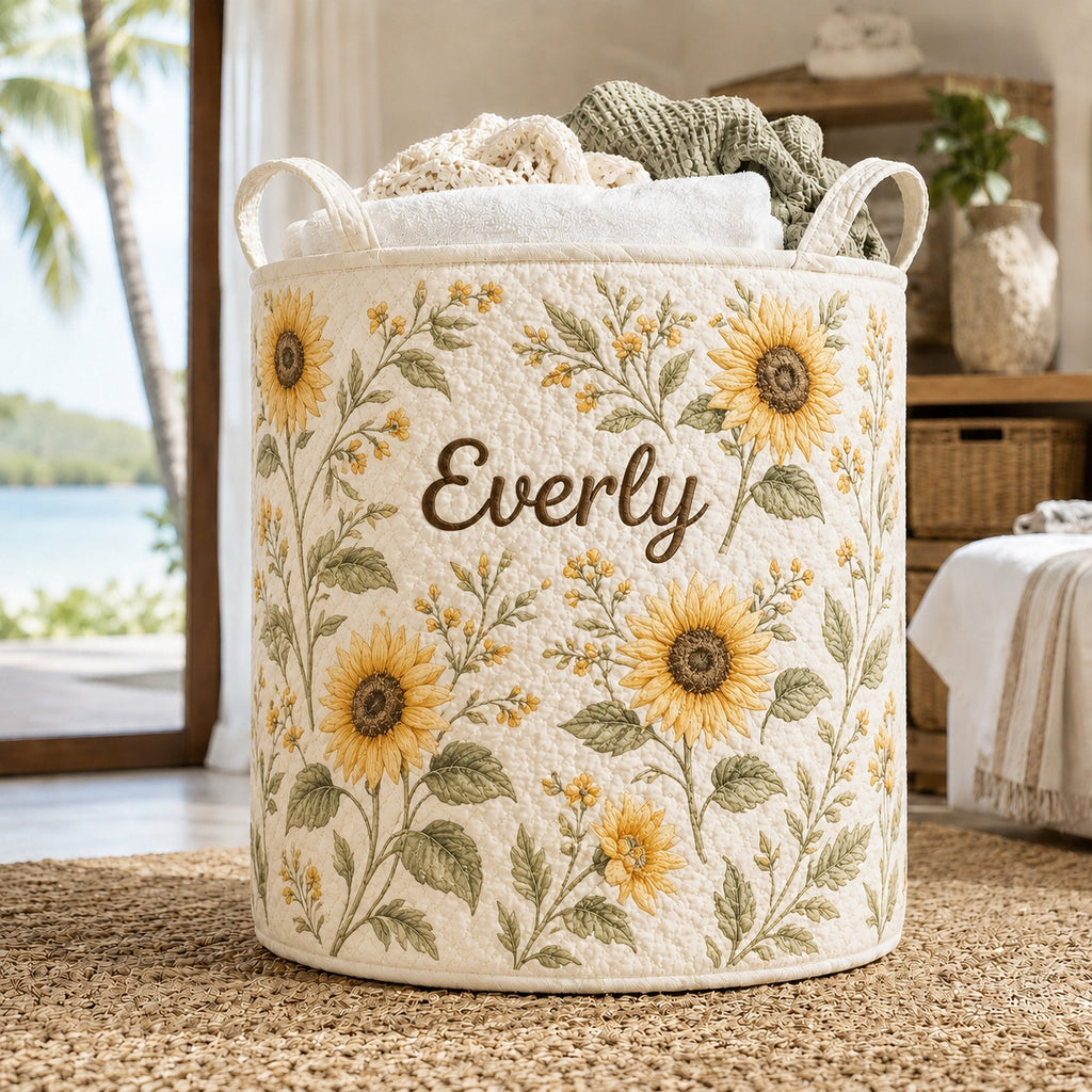 Sunflower Pattern Quilted Laundry Basket, Custom Floral Storage Hamper, Custom Name Quilted Basket, Laundry Room Decor, Fabric Clothes Basket QBK88