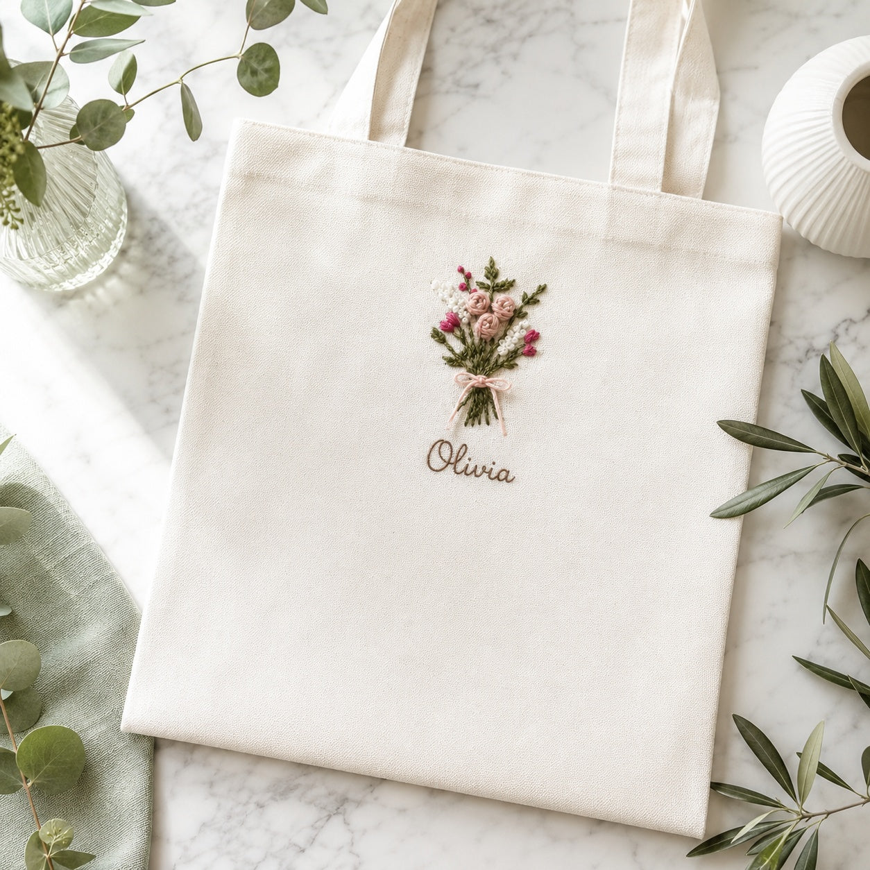 Personalized Hand Embroidered Bouquet Canvas Tote Bag, Embroidery Flower Tote Bag, Custom Bag, Aesthetic Bag, Handmade Tote Bag EMT04