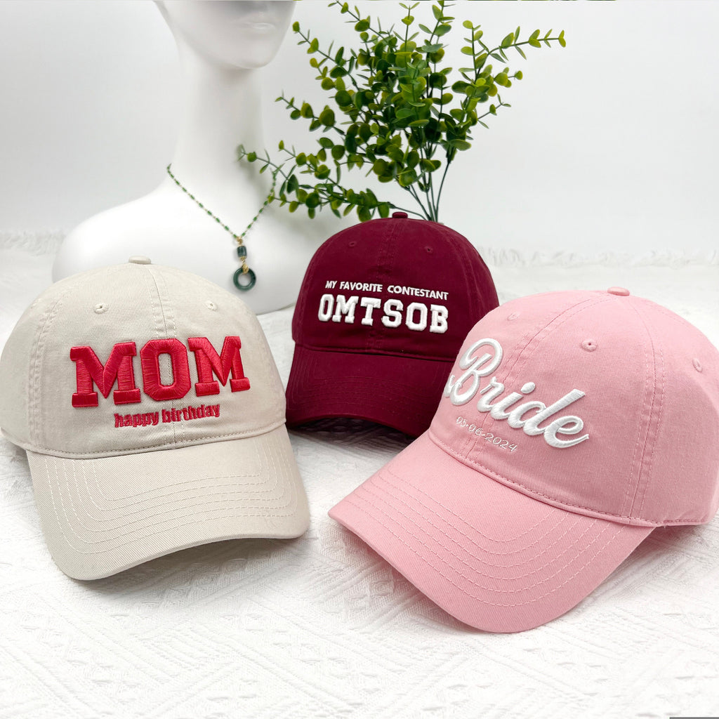 Custom Embroidered 3D Text Hat，Embroidery Logo Baseball Hat,Party Hats,Gift for Dad Mom Him Her Boyfriend,Bride Hat,unisex cotton dad hats