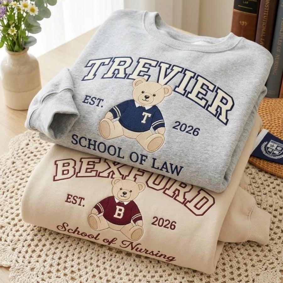 Teddy Bear Embroidered University Sweatshirt, Custom College Name Crewneck, Cute School Spirit Shirt, Team Apparel, College Student Gift